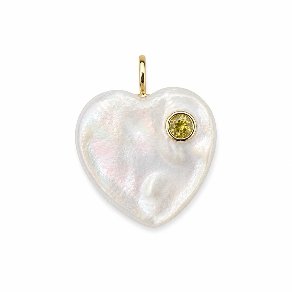 Natural Mother Of Pearl And Citrine Heart Charm 925 Silver And Gold Plating